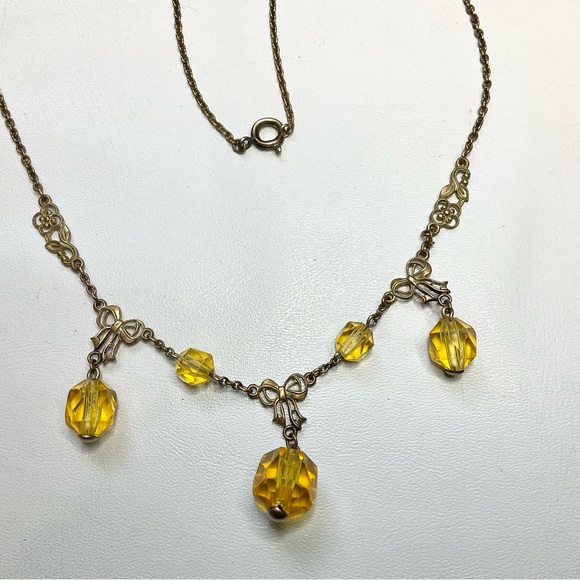 Art Deco Uranium Glass Bows Drops Necklace 20’s/30’s Original Antique - Picture 2 of 10